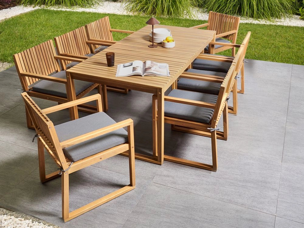 Set da Giardino Legno di Acacia chiaro con Tavolo e 8 Sedie con Cuscini grigio giardino terrazzo