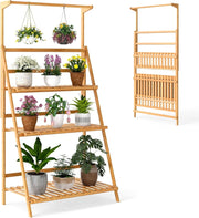 Porta Piante da Interno ed Esterno, Scaffale per Piante e Fiori a 3 Ripiani con Asta Rimovibile, Porta Vasi Pieghevole da Balcone, Giardino e Salotto, 71 x 40 x 144 cm