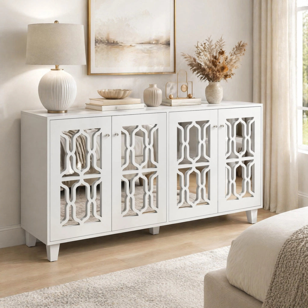 Credenza bianca a specchio con 4 ante e ripiano interno mobile, maniglie in vetro, soggiorno e ingresso 160 × 40 × 84 cm