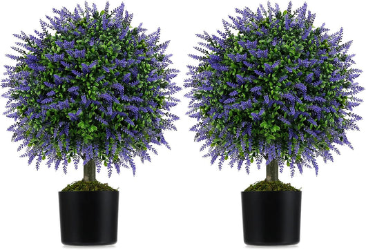 Set di 2 Alberi di Topiario Artificiale con Lavanda, Albero di Bosso Finto da 58 cm con Vaso Riempito di Cemento, Pianta Finta Resistente al Sole per Interni ed Esterni