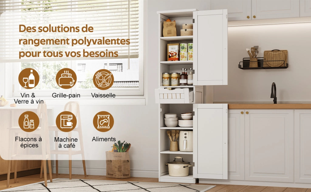 Credenza compatta 170x40x30 cm in MDF bianco con 2 ante, 1 cassetto e ripiani regolabili