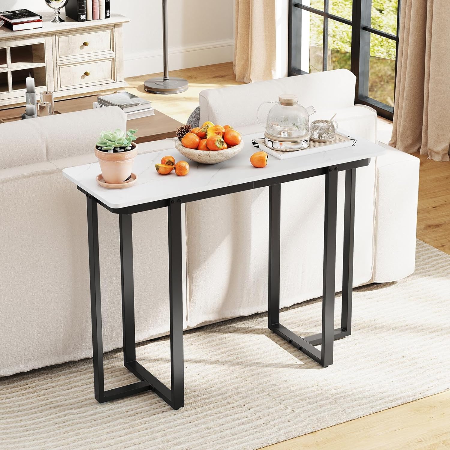 Tavolo Consolle, Tavolo d'Ingresso Moderno in Marmo Finto con Telaio Geometrico in Metallo, Tavolo Stretto per Soggiorno, Corridoio e Ingresso, 107 x 40 x 79,5 cm (Nero e bianco)