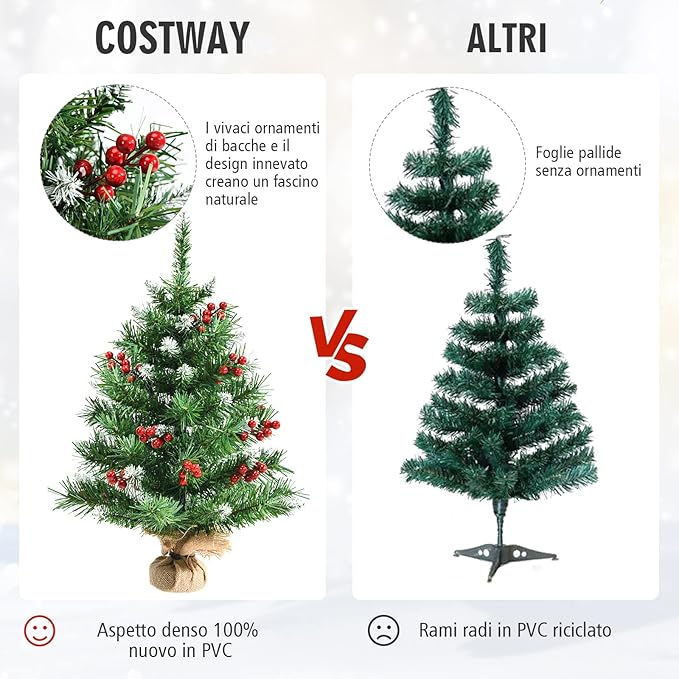 Mini Albero di Natale 60/90 cm, Albero di Natale Piccolo con Rami in PVC,12/15 Grappoli di Bacche Rosse, per Casa, Ufficio e Negozio (60 CM)