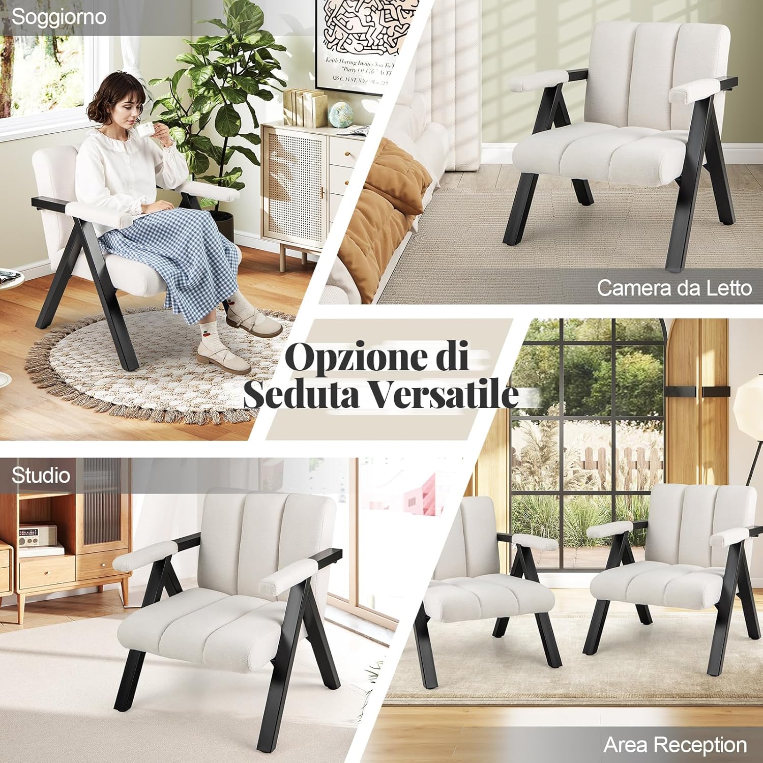 Poltrona da Salotto, Sedia Ergonomica con Struttura in Metallo, Braccioli e 4 Piedini Regolabili, Sofa Imbottita Relax Moderna per Soggiorno e Camera da Letto, Portata 150 kg (Bianco)