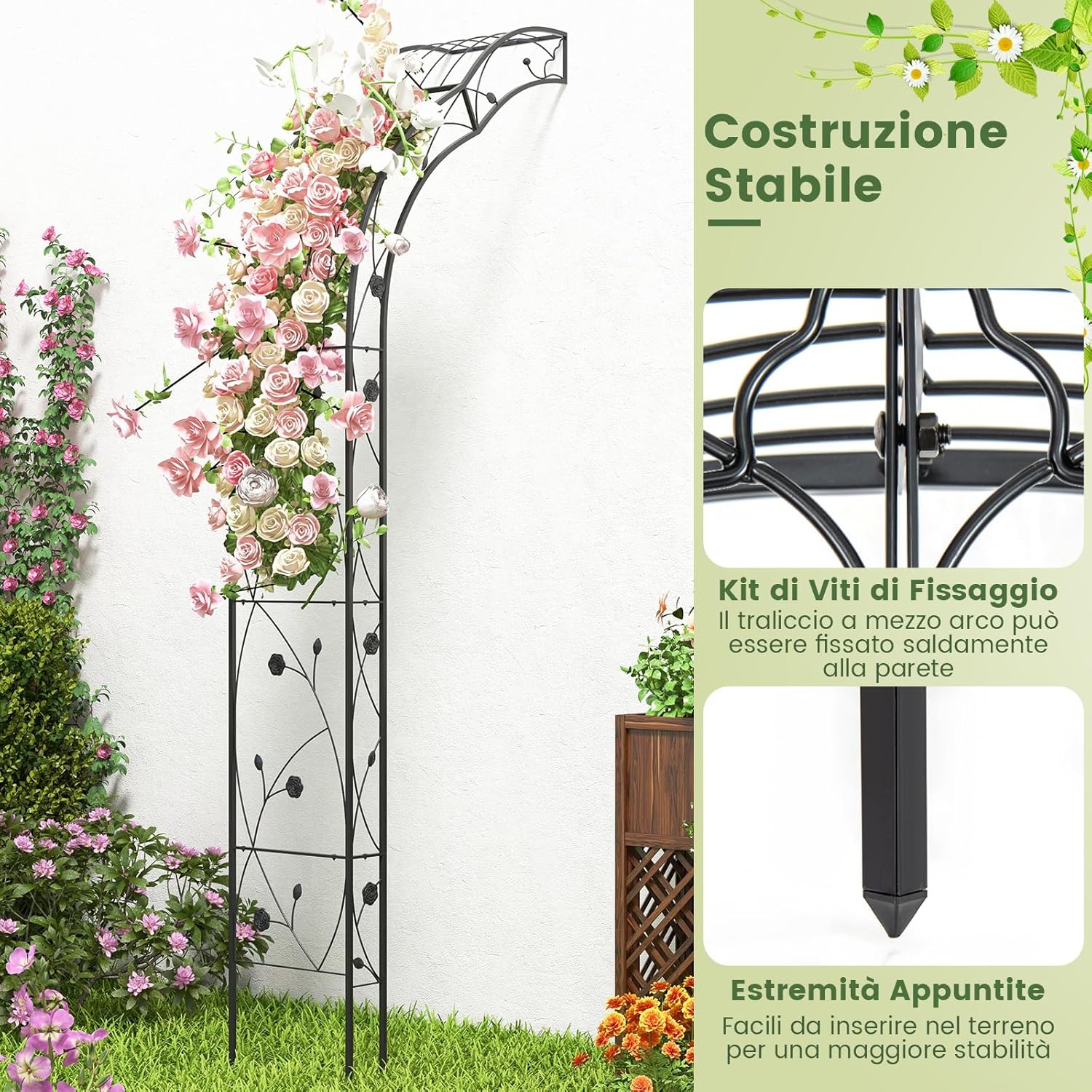 Arco da Giardino con Traliccio 250CM, 2 Mezzi Archi Trasformabili in Varie Forme, Pergolato in Metallo per Piante Rampicanti e Rose Viti, Decorazioni da Giardino per Matrimoniali