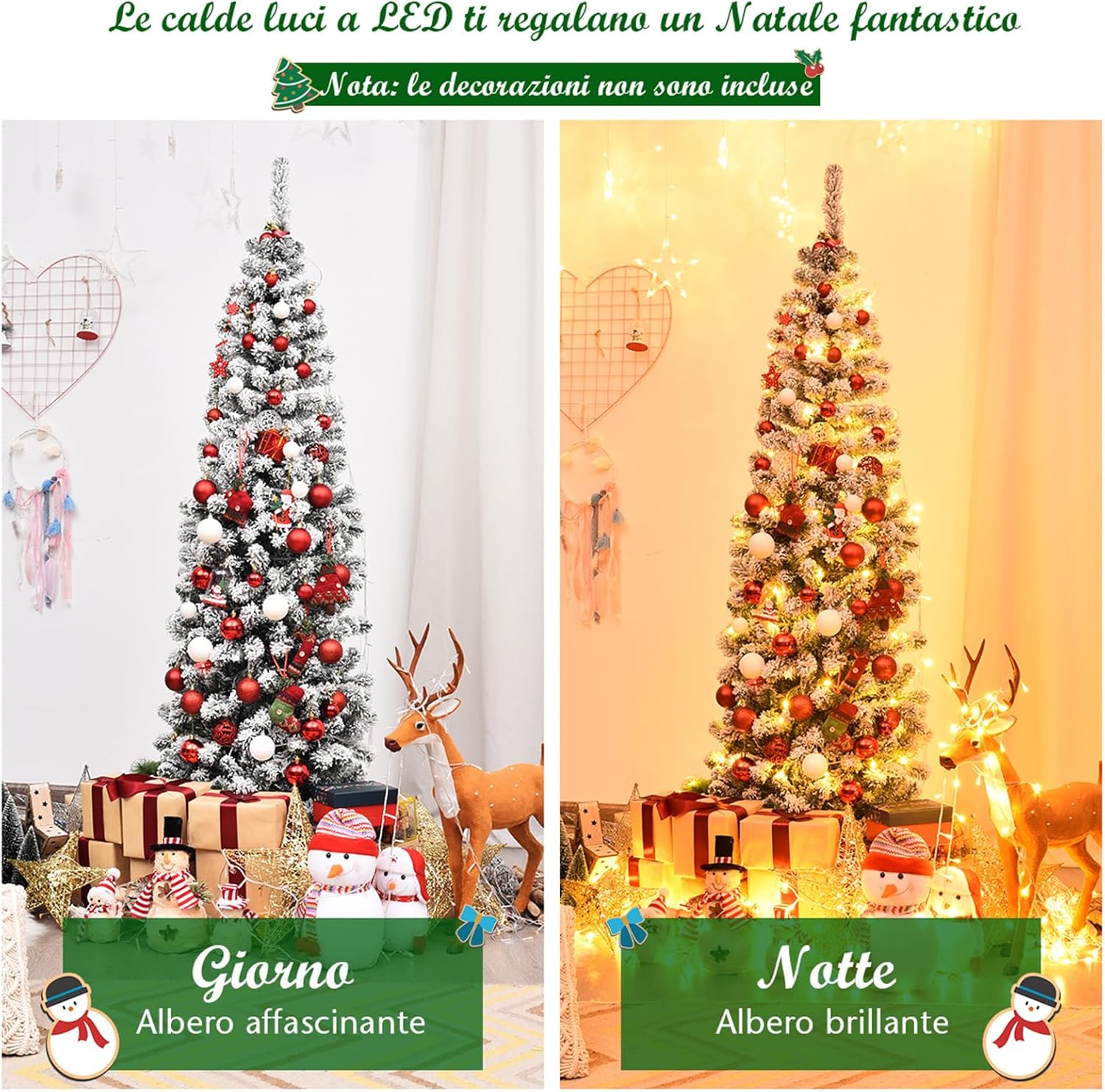 Albero di Natale Slim 135/180/225 cm, Albero di Natale Innevato con 150/250/350 Luci LED, 242/500/641 Rami e Base di Metallo, Decorazione Natalizia per Casa e Negozio (180 CM)