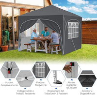 Gazebo Piehevole da Esterno 3 x 3 m, Gazebo Regolabile in Altezza con Pareti Rimovibili, Borsa con Ruote, Picchetti, Ancoraggi, Corde Vento e Sacchi di Sabbia, Tendone per Giardino (Grigio)