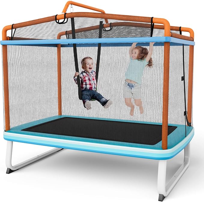 Trampolino Rettangolare per Bambini 3-in-1 190 x 124 cm, Tappetto Elastico per Bambini da Esterno ed Interno con Rete, Altalena, Barra, Copertura e Design senza Fessure