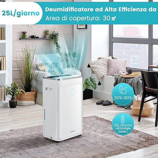 Deumidificatore Casa 25 L al Giorno, con Tubo di Scarico, Scarico Automatico o Manuale, Timer 24 ore, Protezione Straripamento e Serbatoio dell’Acqua 6,5 L per Spazi Fino a 30 m2