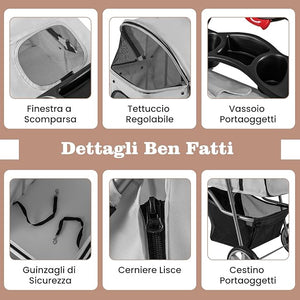 Passeggino per Cani Piccoli Pieghevole, Fino a 15 kg, Ruote 360° con Freni, Cuscino, Porta Doppio, Finestre, Cestino, Portabicchieri, Carrozzina Portatile (Grigio)