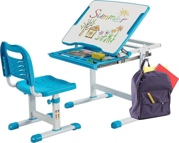Set Scrivania e Sedia per Bambini, Set Tavolo con Altezza Regolabile per Bambini, Tavolo per Studiare con Superficie Inclinabile (Blu)