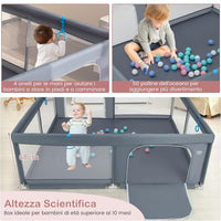 Recinto per Bambini, Box per Bambini con Rete Traspirante, Centro Attività per Bambini con 50 Palline, Box Giochi per Bambini 0-3 Anni (Grigio, 200 x 180 cm)