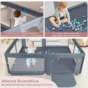 Recinto per Bambini, Box per Bambini con Rete Traspirante, Centro Attività per Bambini con 50 Palline, Box Giochi per Bambini 0-3 Anni (Grigio, 200 x 180 cm)