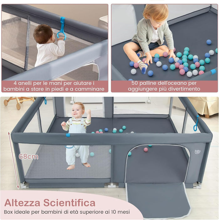 Recinto per Bambini, Box per Bambini con Rete Traspirante, Centro Attività per Bambini con 50 Palline, Box Giochi per Bambini 0-3 Anni (Grigio, 200 x 180 cm)
