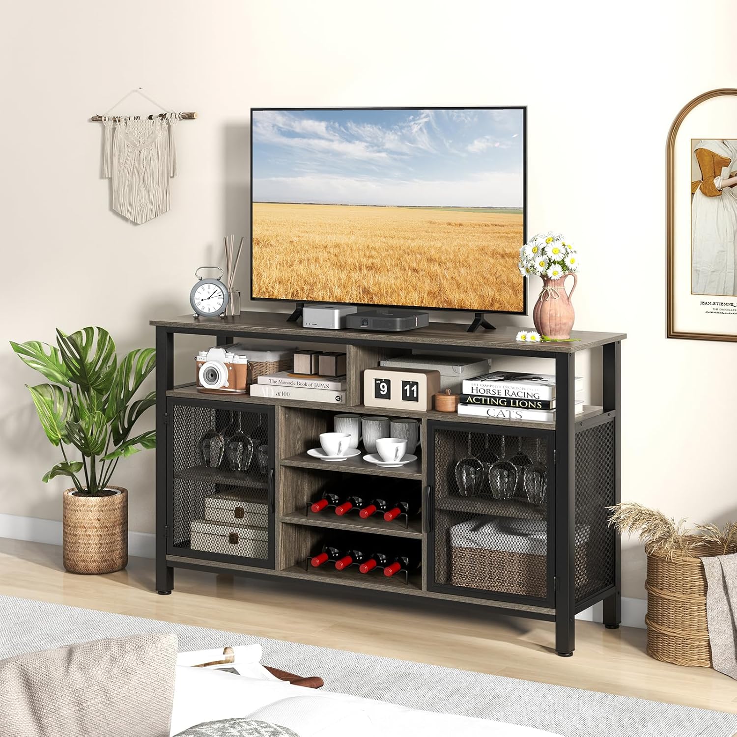 Mobiletto Portabottiglie, Credenza Cucina con Porta Bottiglie di Vino, Mensola Aperta, per Soggiorno, Cucina, Bar, 140 x 40 x 82,5 cm (Grigio)