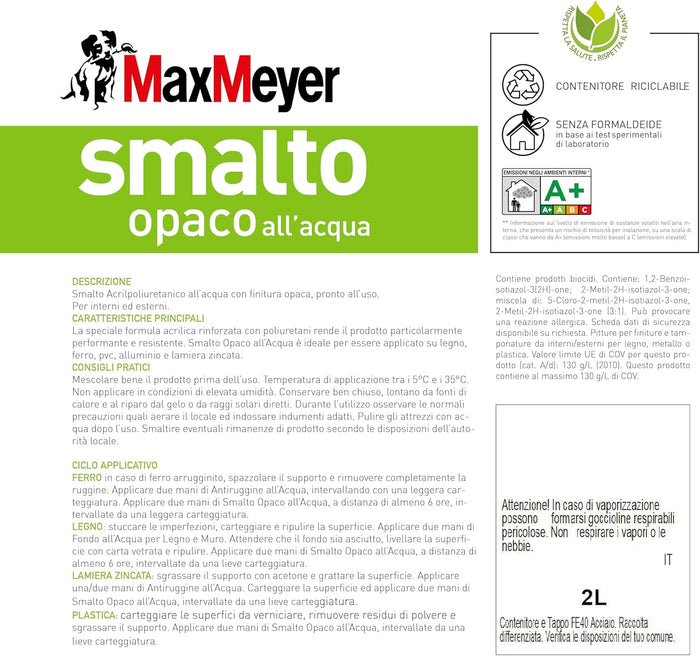 Smalto All'Acqua Poliuretanico con Finitura Opaca, Colore Bianco, 2L