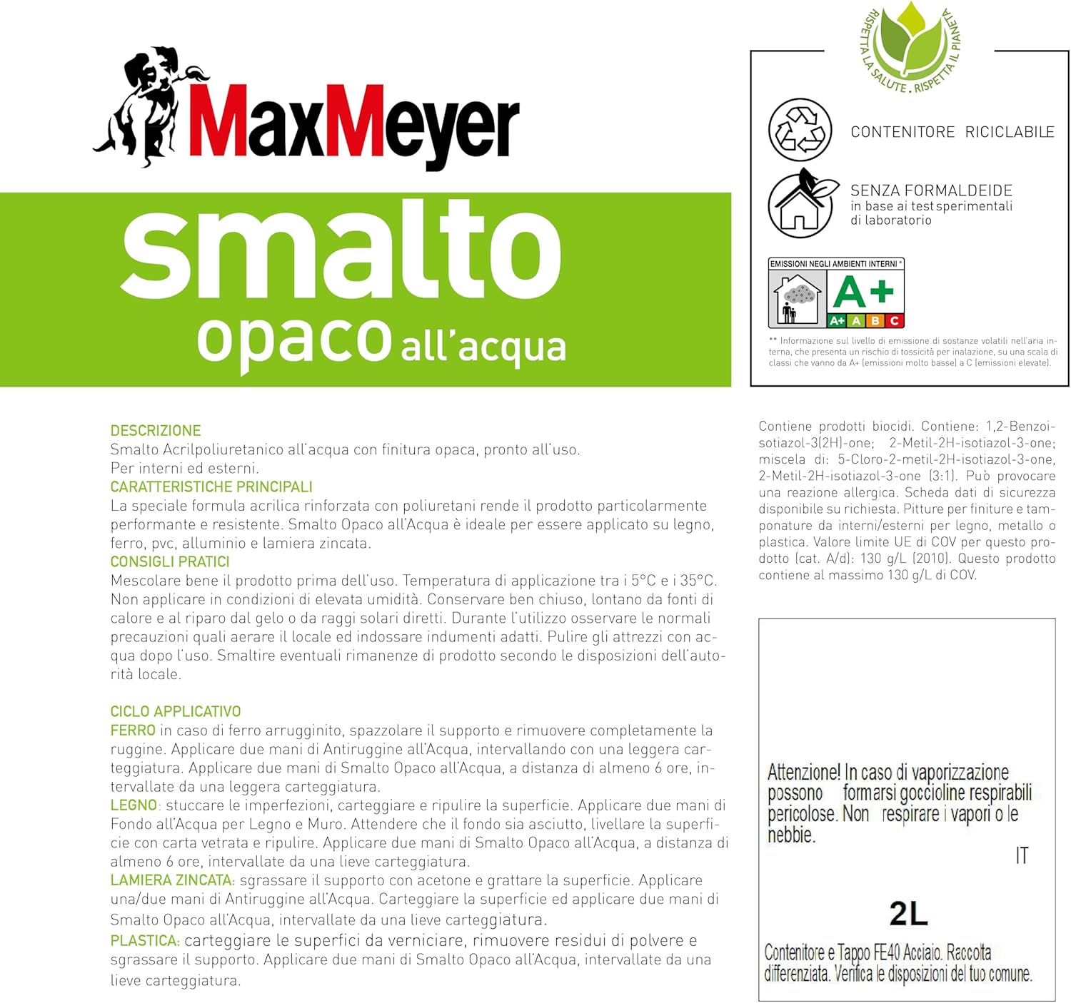 Smalto All'Acqua Poliuretanico con Finitura Opaca, Colore Nero, 2L