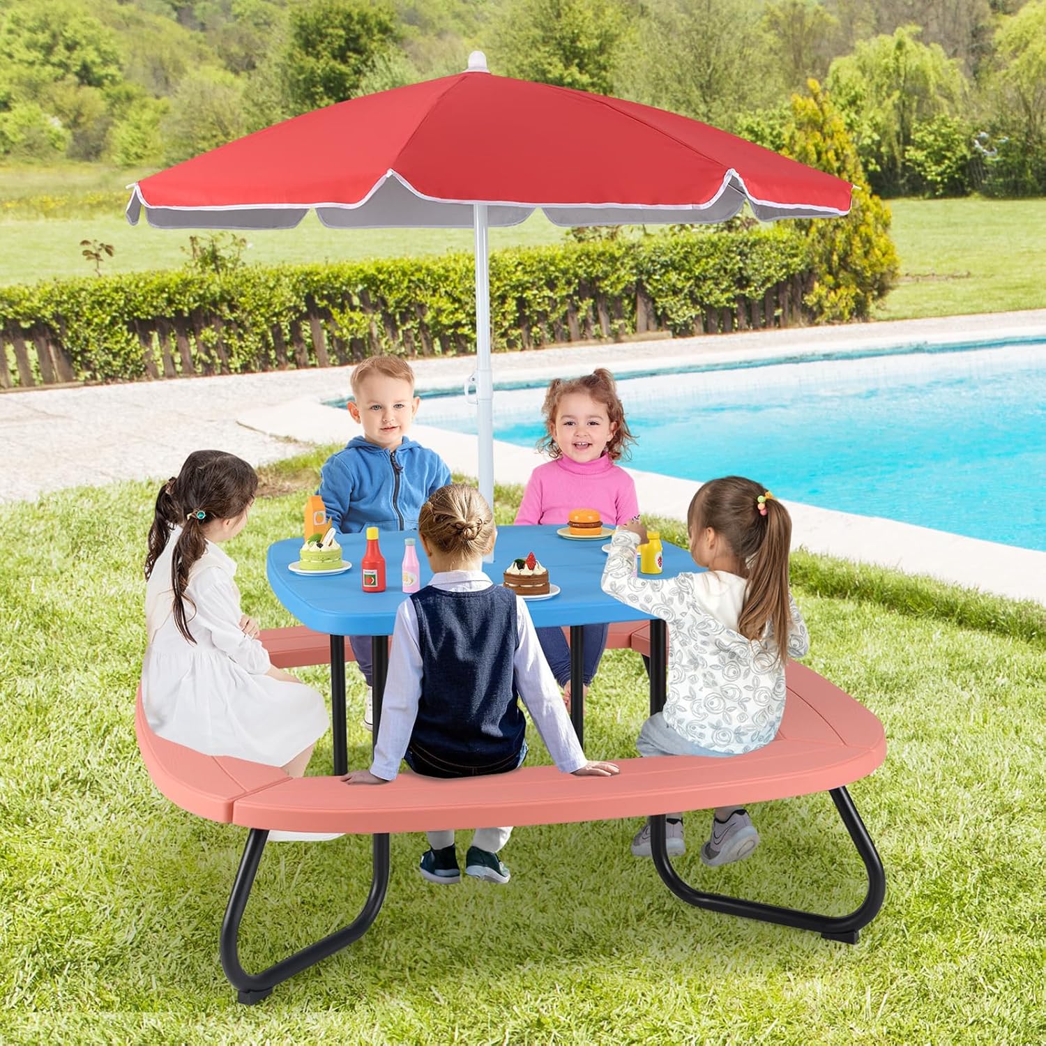 Tavolo da Picnic per Bambini con 8 Posti 125 × 125 × 100-160 cm, Tavolino Bambini in HDPE con Ombrellone Regolabile e Pieghevole, Struttura in Metallo e 4 Panchine (tavolo blu)