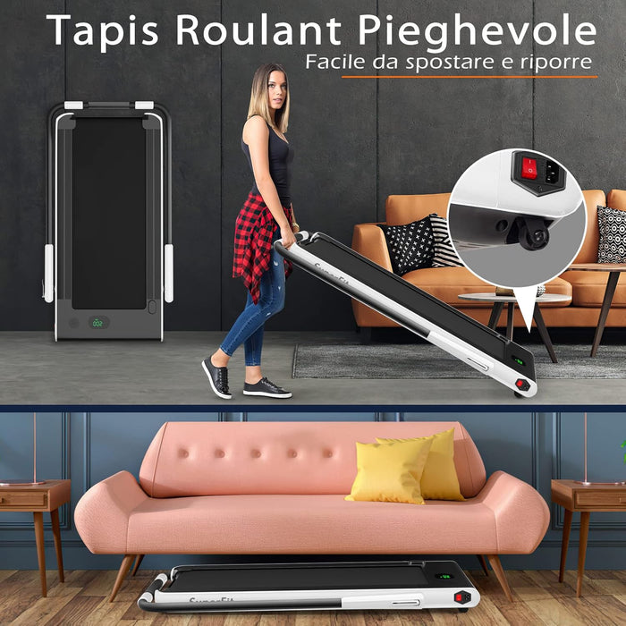 Tapis Roulant 2 in 1, Tapis Roulant Elettrico Pieghevole Salvaspazio da 0,75HP con App e Telecomando, Supporto per Cellulare, Display a LED e Altoparlante (Bianco)