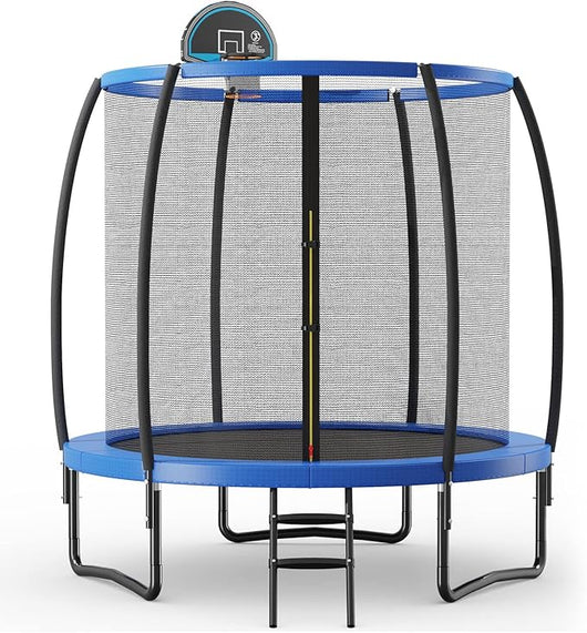 Trampolino Elastico per Bambini 245/333/367 cm Certificato GS, Tappeto Elastico con Rete, Anello da Basket, Scaletta con 2 Gradini, Palla da Basket e Pompa, Portata 100 kg