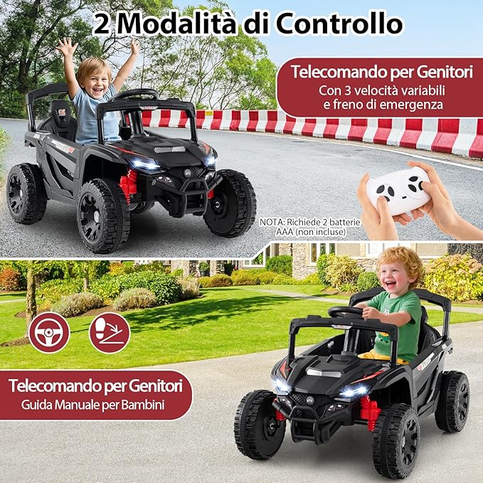 12V Macchina Elettrcia per Bambini, UTV Auto Elettrica con Telecomando, 3 Velocità, Luci LED, Musica, Clacson e Sospensioni a Molla, 3-5 km/h, Ideale per Bambini 3 Anni+ (Nero)
