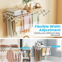 Stendibiancheria da Parete con 8 Aste in Acciaio Inox, Stendino da Parete per Bagno/Lavanderia, Stendino a Muro Richiudibile e Salvaspazio, Argento (50-86 x 63 x 22 cm)