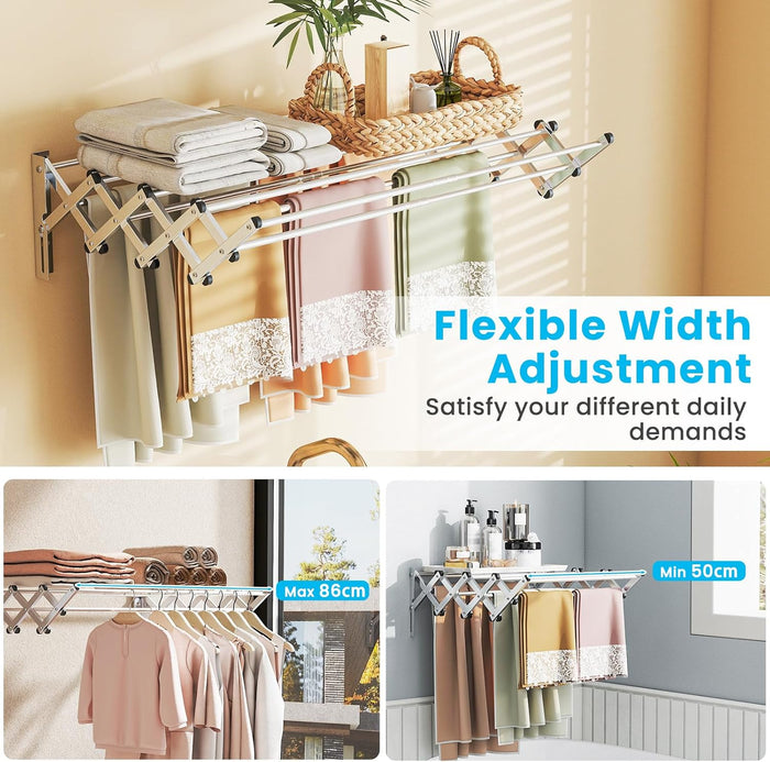 Stendibiancheria da Parete con 8 Aste in Acciaio Inox, Stendino da Parete per Bagno/Lavanderia, Stendino a Muro Richiudibile e Salvaspazio, Argento (50-86 x 63 x 22 cm)