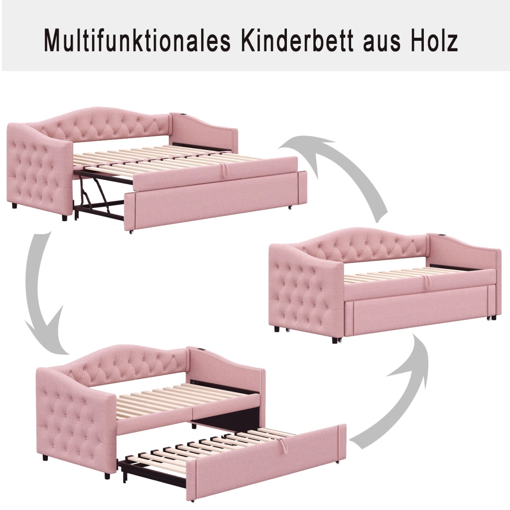 Letto divano estraibile 90 × 200 cm con USB et posto letto aggiuntivo, senza materasso, in tessuto, rosa