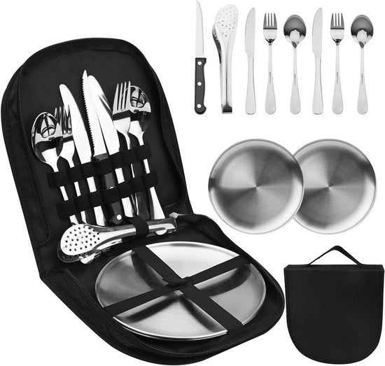 Set da Cucina Portatile 10 Pezzi in Acciaio Inossidabile con Scatola, Cucchiai, Forchette, Coltellini e Clip per Piatti per 2 Persone