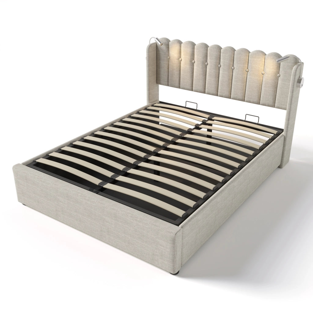 Letto Contenitore Letto Matrimoniale; USB; Luce da Lettura e Vano 140×200 cm; senza Materasso; Lino; Naturale