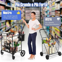 Carrello Portaspesa Pieghevole con Sacca, Carrello della Spesa Pieghevole con Ruote Girevoli a 360°, 2 Cesti, Capacità di Carico: 150 kg, 126 L, 66 x 64 x 103 cm (Nero)