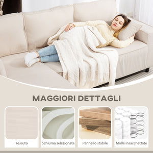 Divano con Penisola a 3 Posti 241x153x83 cm in Tessuto Effetto Velluto Bianco Crema