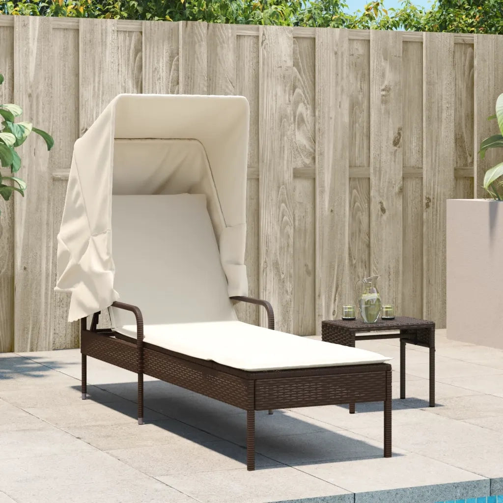Lettino Prendisole con Baldacchino e Tavolo Marrone Polyrattan 368198
