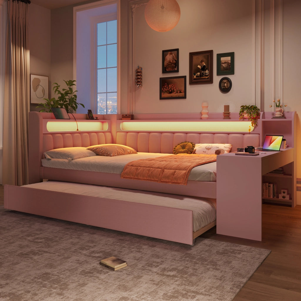 OKWISH Letto Divano Letto 3 Posti con USB, LED Regolabile, Scrivania e Letto Estraibile 140×200 cm e 90×190 cm, senza Materasso