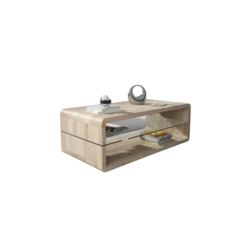 Tavolino basso LEVIS – Design contemporaneo – Color quercia – Ripiano intermedio in vetro