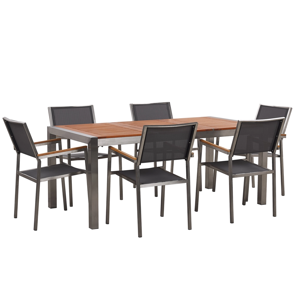 Set da pranzo da giardino con piano in legno di eucalipto chiaro e struttura in acciaio 180 x 90 cm con 6 sedie grigie