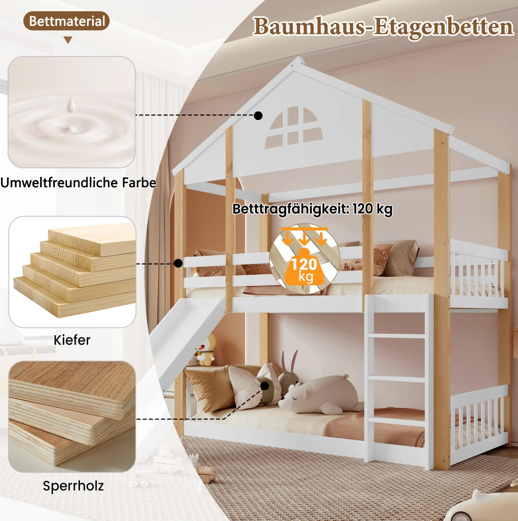 Letto a castello con scivolo e scala reversibile, bianco e naturale
