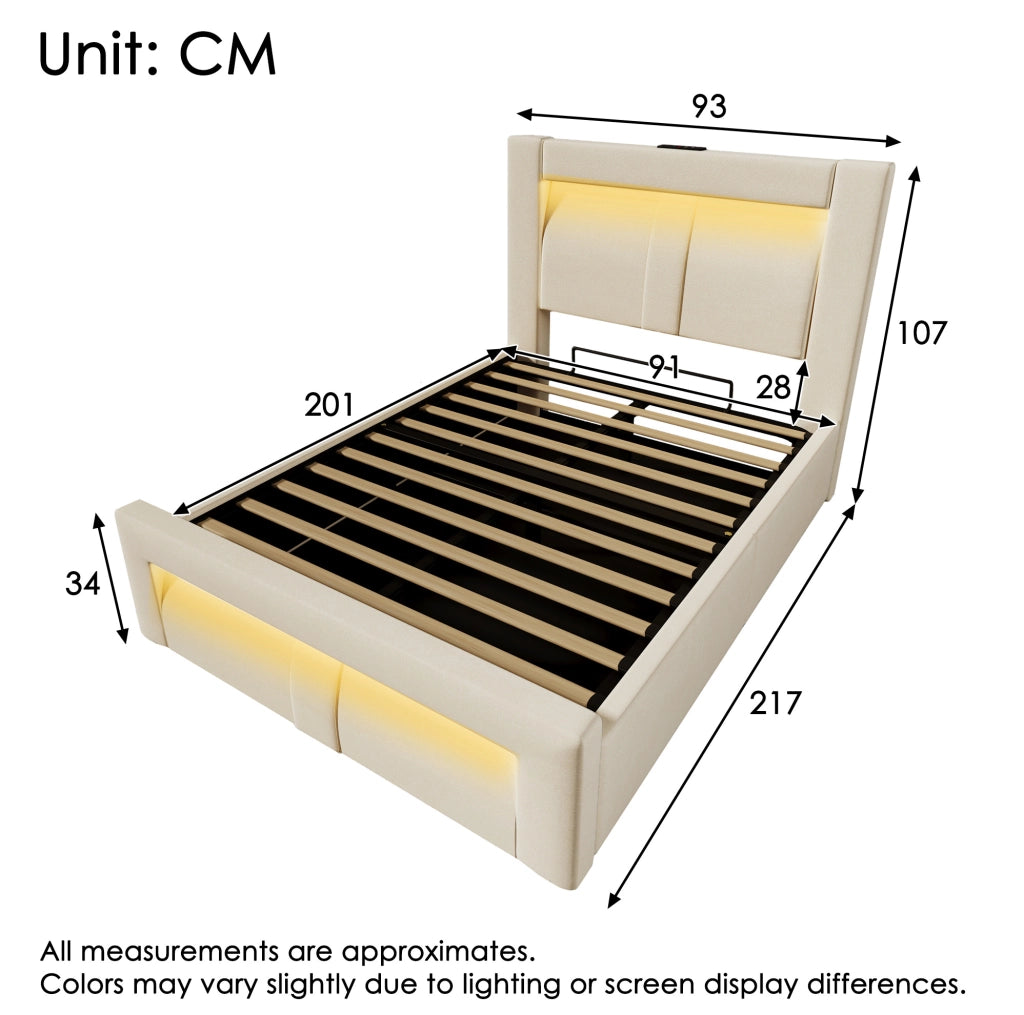 Letto singolo 90x200 cm con contenitore; LED; USB e Type-C; testiera curva in velluto beige