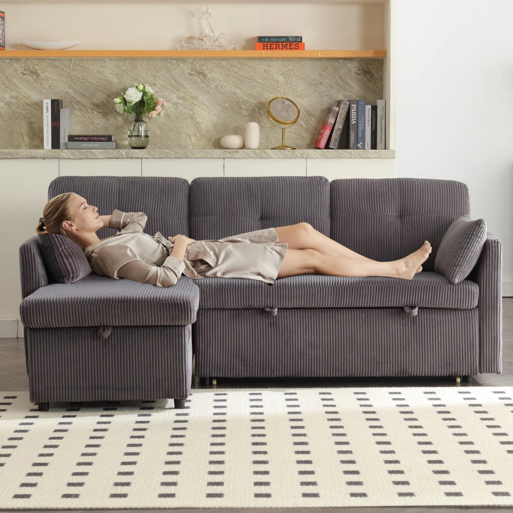 Divano letto angolare modulare con contenitore e chaise longue reversibile in velluto a coste grigio scuro