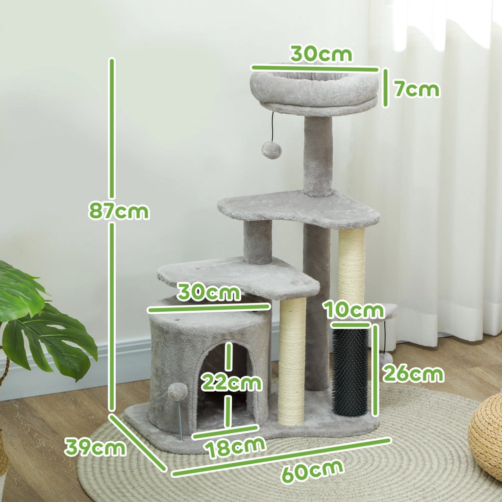 Albero Tiragraffi per Gatti con Casetta Ripiani e Letto 60x39x87 cm in Peluche e Sisal Grigio