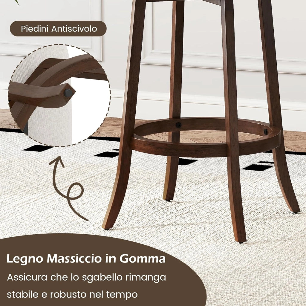 Set di 2 Sgabelli da Bar Girevoli, Sgabelli da Bar senza Schienale di 74 cm con Sedili Imbottiti e Gambe in Legno Massello, Sedie per Isola Cucina con Poggiapiedi per Sala da Pranzo