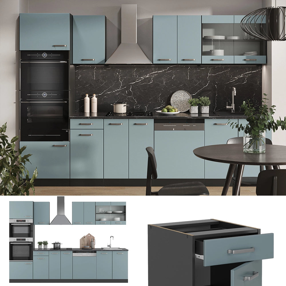 Vicco Cucina componibile Blu-grigio/antracite 300 cm con armadio alto, PL Rovere