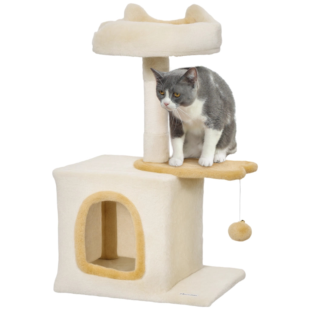 Albero Tiragraffi per Gatti con Posatoio e Casetta, in Legno, Peluche e Sisal, 40x30x72 cm, Beige e Giallo