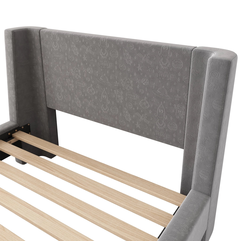 Letto a slitta per bambini 90x200 cm in velluto, con motivo spaziale, grigio, senza materasso