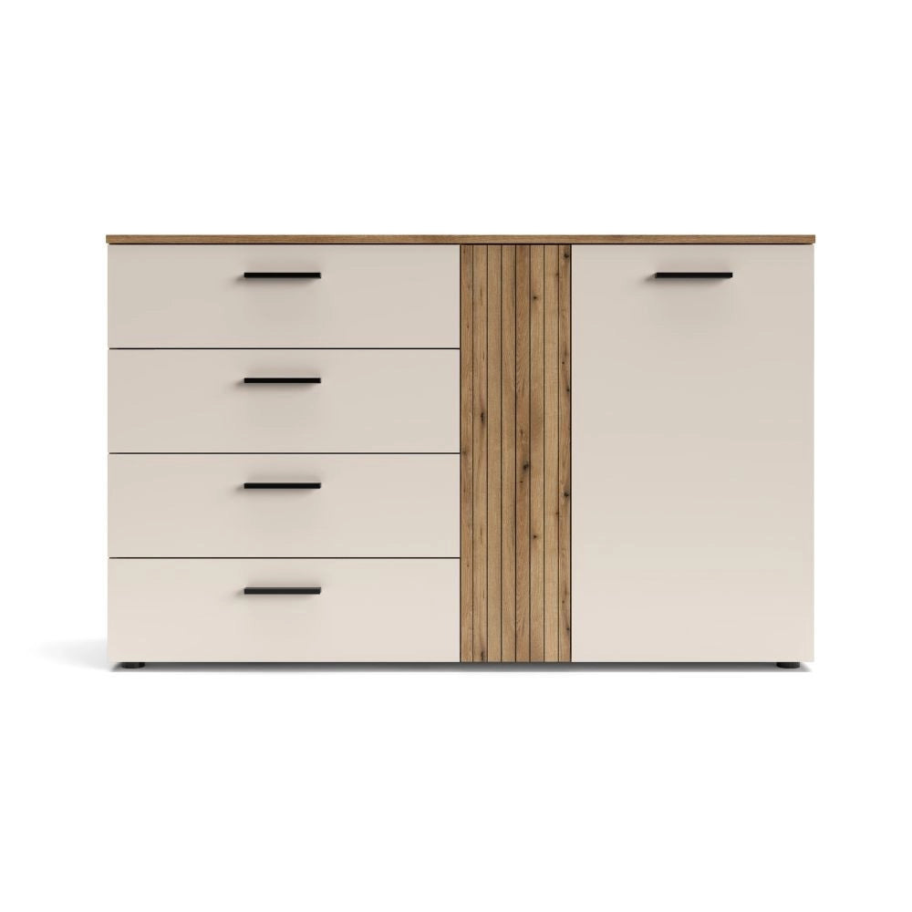 Credenza 4 cassetti e 2 ante Frezo02 cashmere e rovere con listelli verticali 139x38x86H