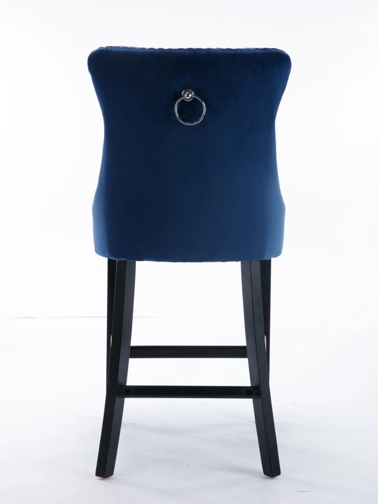 Sgabello da bar in velluto con schienale alto e altezza regolabile per sala da pranzo, gambe in legno massello blu