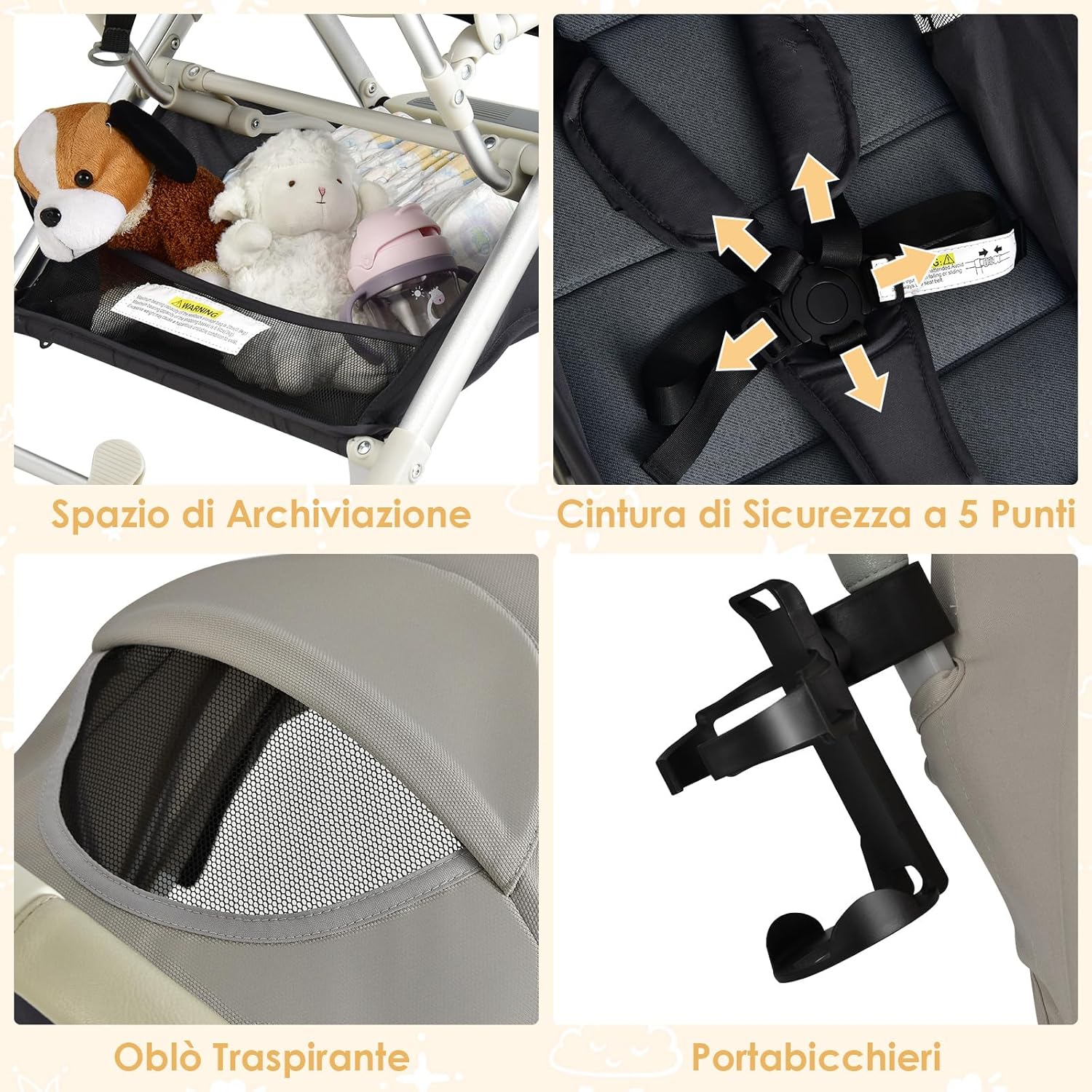 Passeggino Leggero per Bambini, Carrozzina con Schienale Regolabile, Passeggino Pieghevole con Ruote Universali, Sacco a fondo,per Bambini 0-36 Mesi, Portata 15 kg(Grigio)