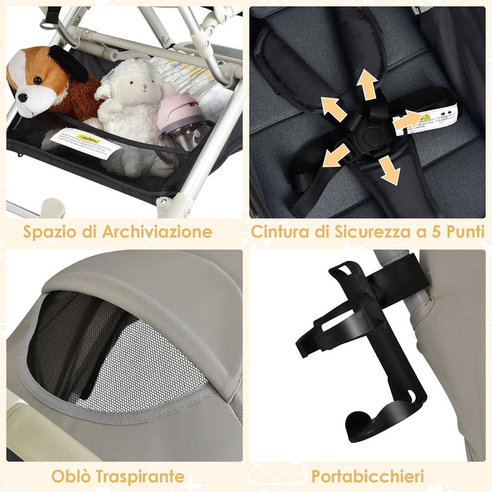 Passeggino Leggero per Bambini, Carrozzina con Schienale Regolabile, Passeggino Pieghevole con Ruote Universali, Sacco a fondo,per Bambini 0-36 Mesi, Portata 15 kg(Grigio)