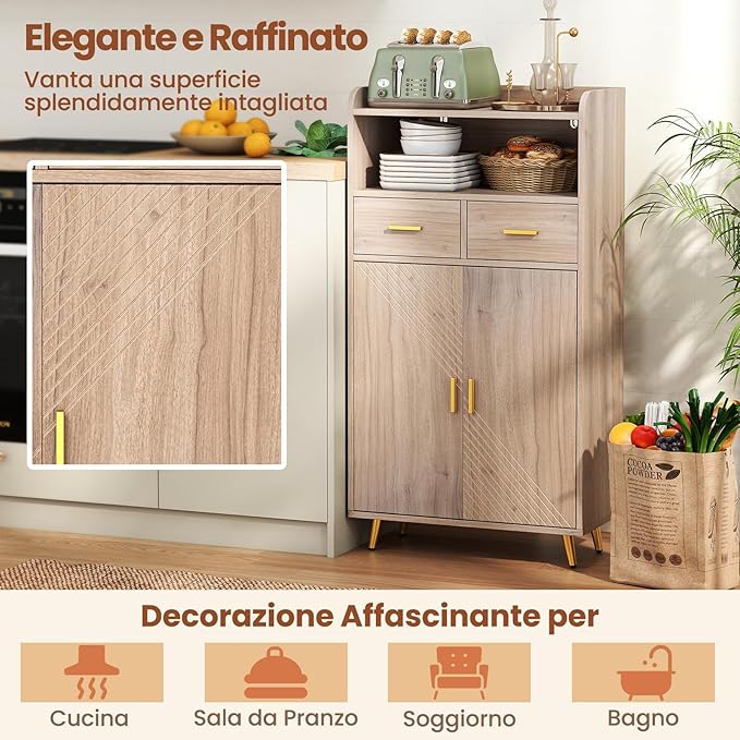 Mobiletto Bagno Salvaspazio 60 x 30 x 113 cm, Credenza Soggiorno con Ante, 2 Cassetti e Ripiano Regolabile, Armadietto da Cucina per Sala da Pranzo e Lavanderia (Grigio)