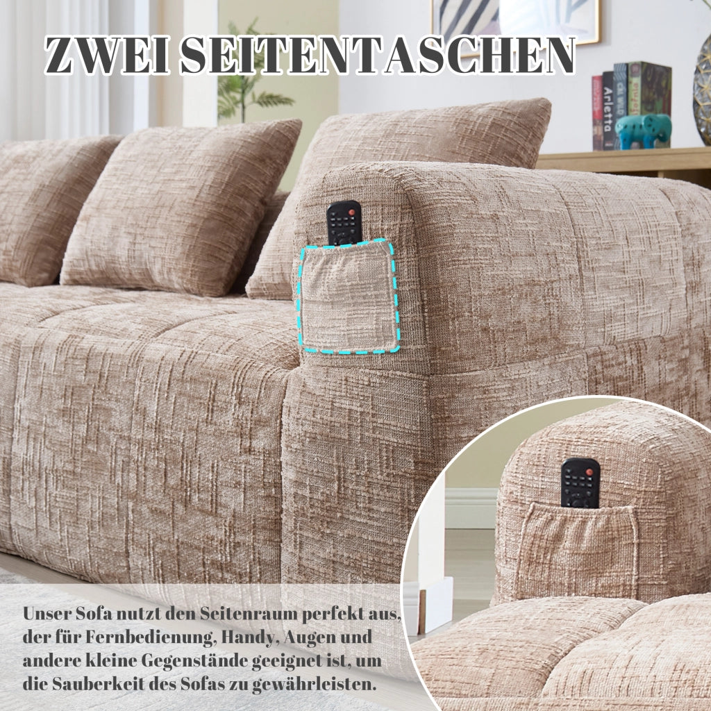 OKWISH Divano con Chaise Longue Reversibile 3 Posti, Modulare senza Montaggio con Tasche Laterali e 3 Cuscini, Ciniglia, Cachi
